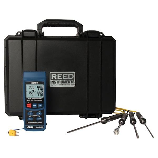 REED Data Logging Thermometer with 4 Type-K Thermocouple Probes and Carrying Case